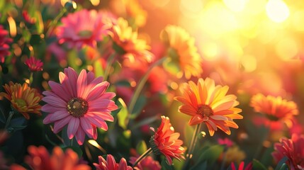 Lush garden filled with vibrant flowers in full bloom, colorful petals glistening in the sunlight,...