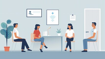 Imagine a flat design of an exit interview session