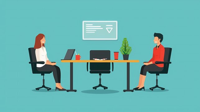 Imagine a flat design of an exit interview session