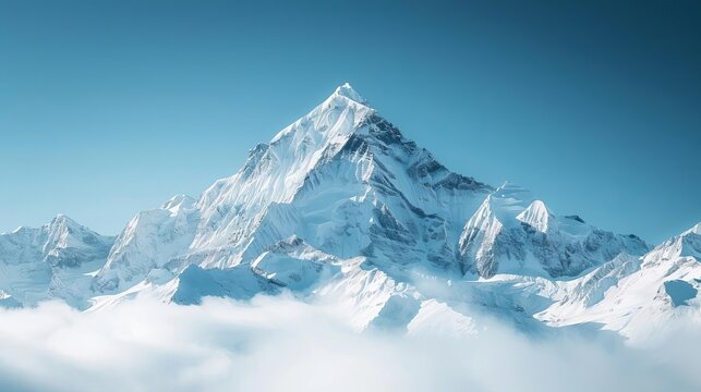 Majestic mountain peak covered in snow, with a clear blue sky and a breathtaking view of the surrounding ranges and valleys