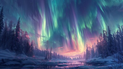 Obraz premium Night sky ablaze with the Northern Lights, vibrant green and purple hues dancing above a snowy, tranquil wilderness