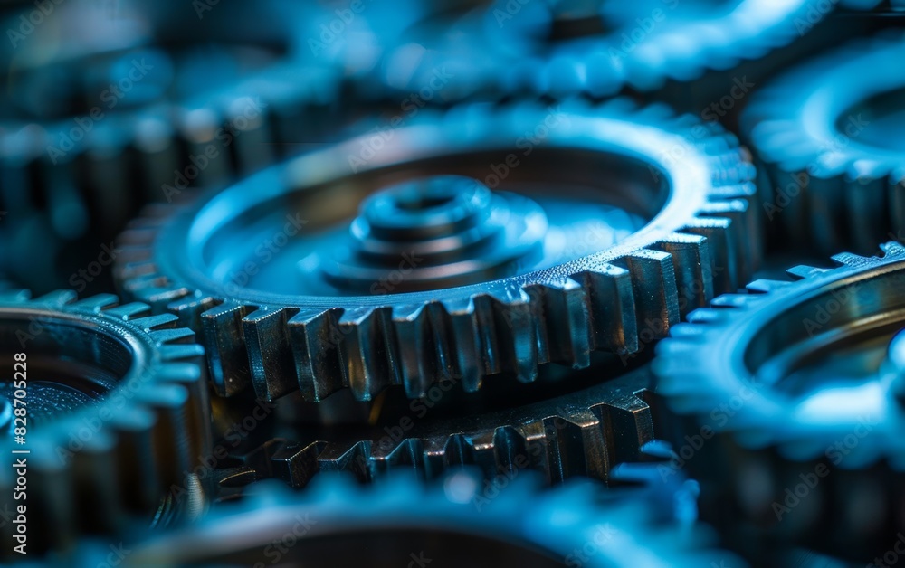Poster close-up graph of intricate gears and cogs within a mechanical device, highlighting expert craftsman