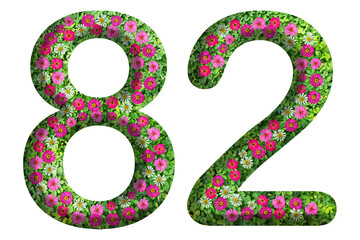 3d of the number 82 is made of green grass and beautiful flower isolated on transparent background. Go green concept for Memorial Day template