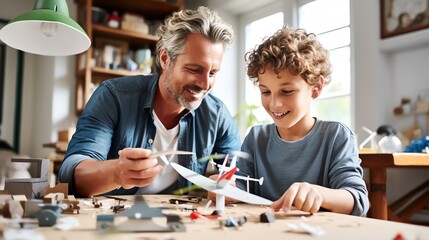 Father and son bonding over building model airplanes in a cozy home setting. Joyful family time with hands-on activities.