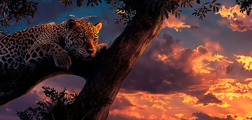 A jaguar resting on a tree during the sunset in the jungle. Jaguar at dusk.