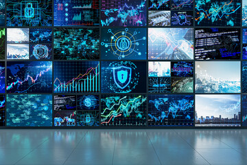Multiple screens displaying various digital graphics and data on a dark interior background, concept of technology and cybersecurity. 3D Rendering