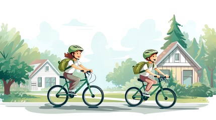 Fototapeta premium Two happy children riding bicycles in a serene neighborhood with charming houses and lush greenery. They wear helmets and backpacks.