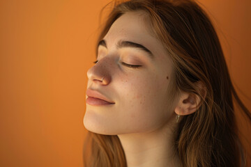 Fototapeta premium A close up of a woman's face with her eyes closed looking to a side
