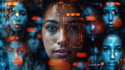 AI-powered facial recognition, unmasking deepfakes by analyzing facial features in a sea of digital faces