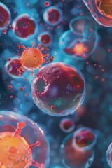 An online advertisement promoting a virtual health expo featuring interactive showcases of cancer cells and lipids in a  environment.