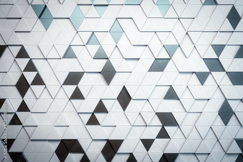 Poster An abstract geometric pattern of 3D triangular tiles in shades of blue and grey, depicting modern design concept on a clean background. 3D Rendering
