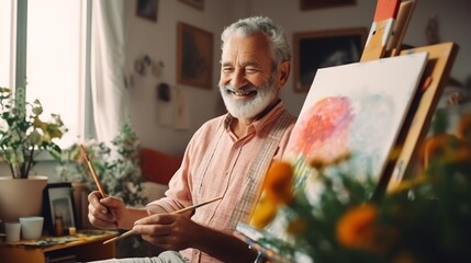 Elderly man painting in a well-lit studio, smiling and enjoying his creative process. An inspiring scene of hobby and passion in late adulthood.