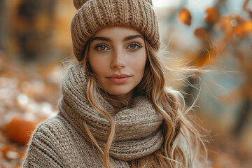 A cozy autumn setting with a fashionista showing off her fall lookbook, featuring cozy sweaters, scarves, and boots, amidst a backdrop of falling leaves and pumpkins.