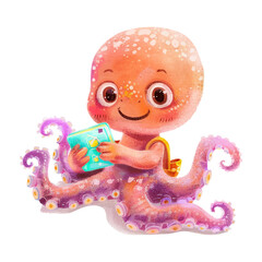 Cute octopus gaming white background (6)