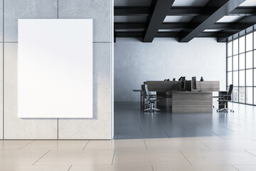 An empty poster mockup in a modern office lobby, featuring a white canvas on a light wall, concept of branding space. 3D Rendering
