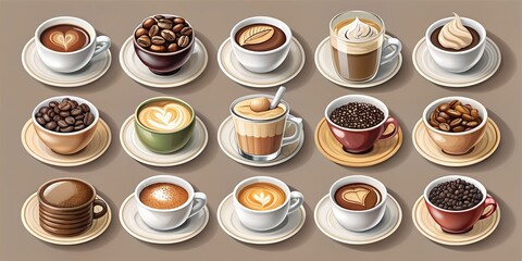 Set of stickers and stickers with different cups of coffee, illustrations, stickers, for albums, planners, cards