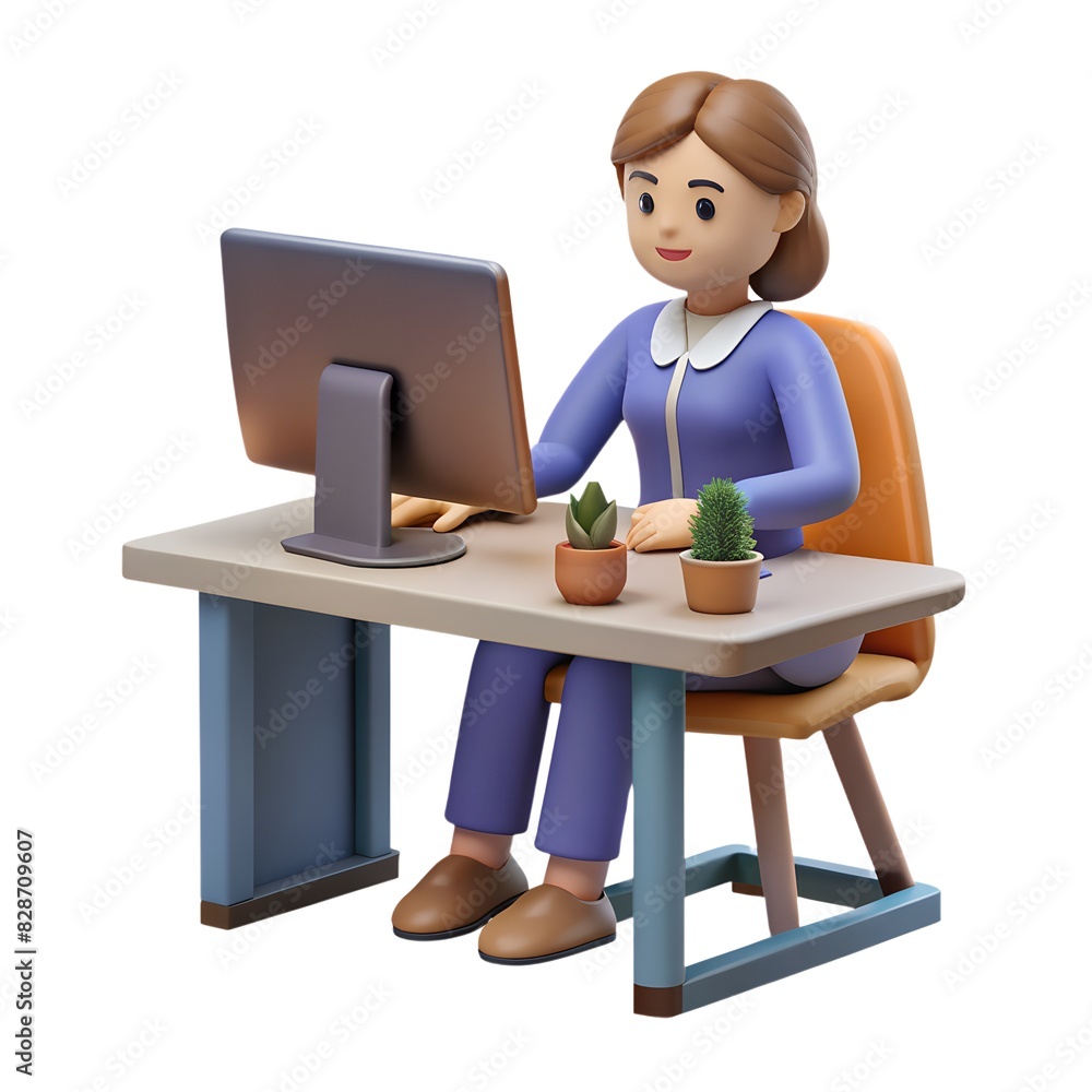 Poster 3d human image computer graphics woman working in the office at the computer for web design