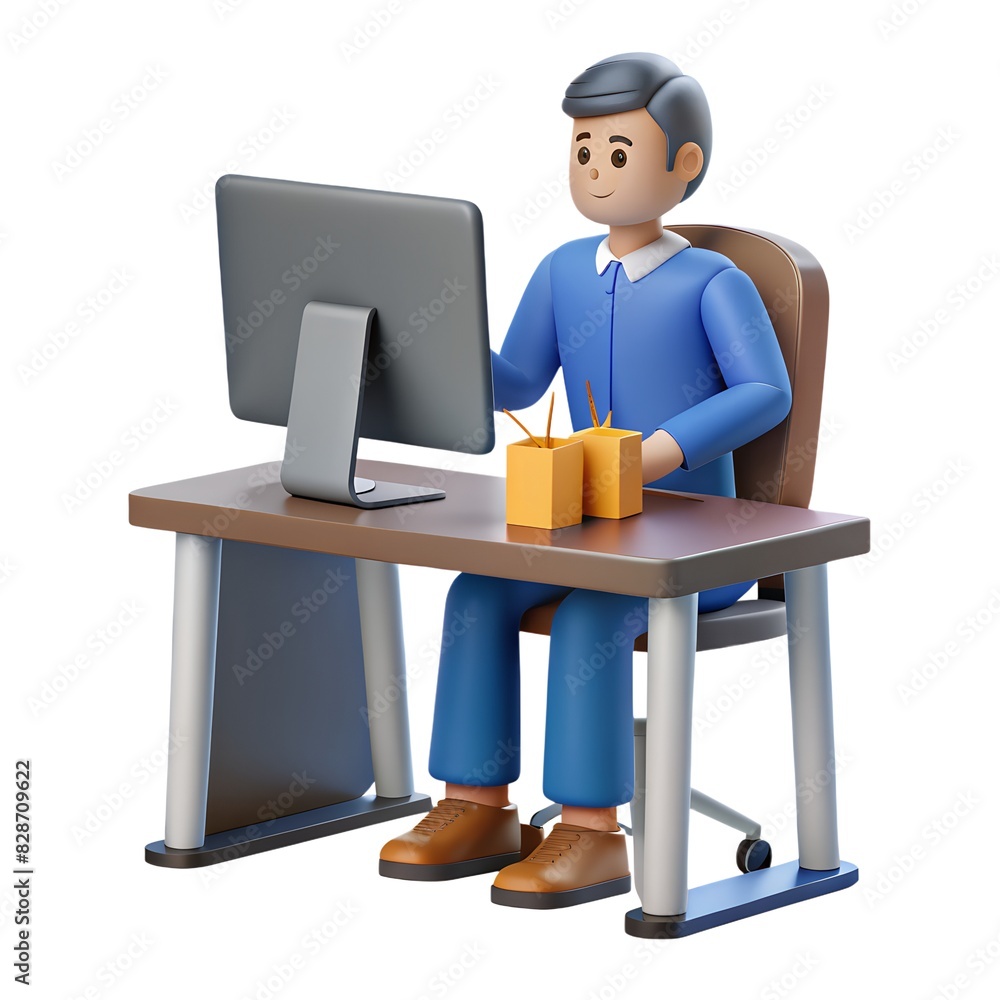 Fototapete 3D human image computer graphics man working in the office at the computer for web design