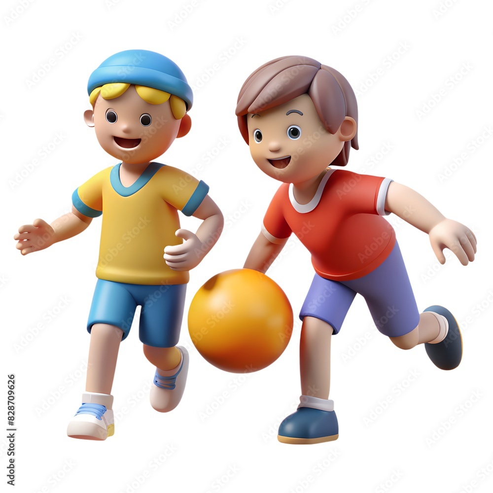Poster 3d image of man computer graphics two children chasing playing football for web design