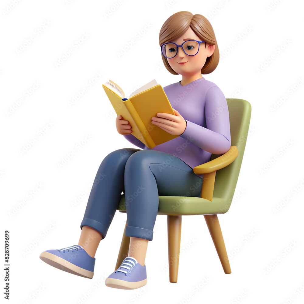 Poster 3d woman image computer graphics man sitting reading a book for web design