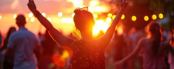 Reunion dance party at sunset, close up, focus on, vivid tones, energetic summer night