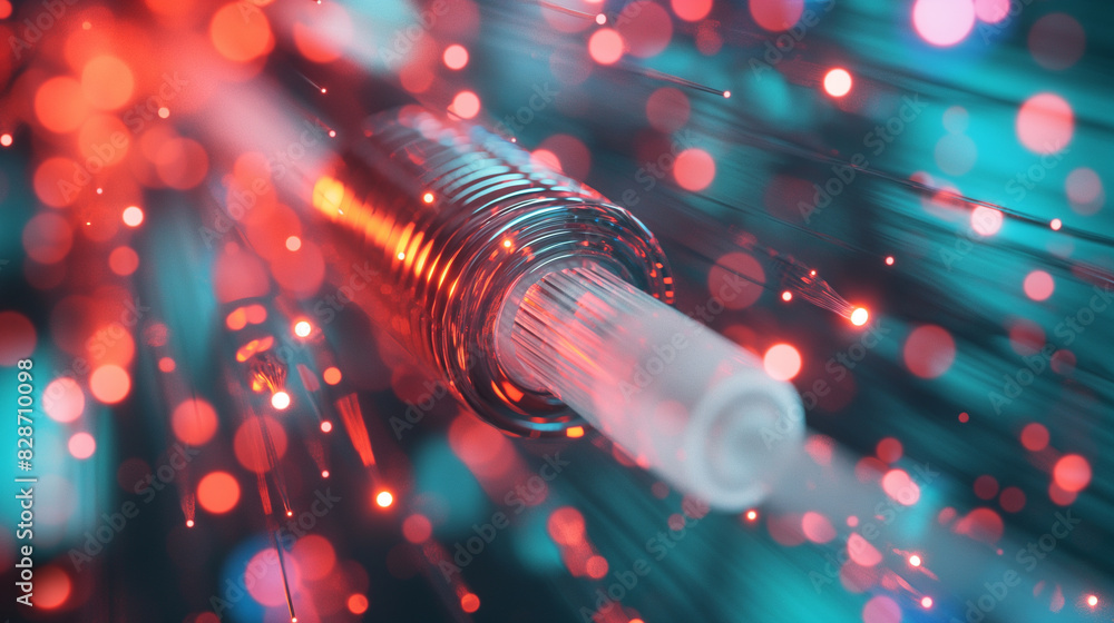 Poster fiber optics network cable. background of blue and green circles with binary code. telecommunication