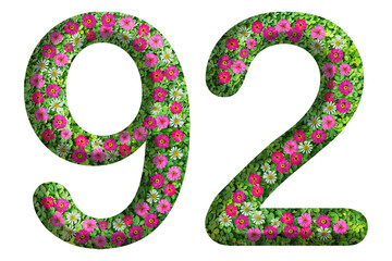 3d of the number 92 is made of green grass and beautiful flower isolated on transparent background. Go green concept  for memorial day template