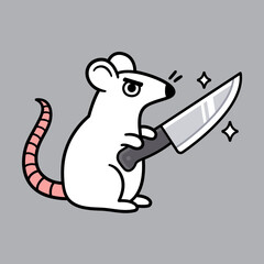 Funny cartoon white rat holding knife