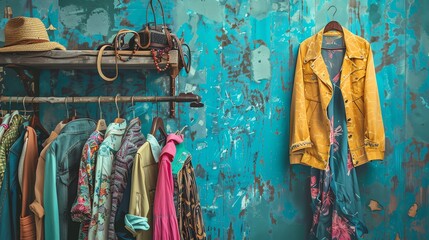 A collection of colorful clothes hang on a rack and a hook against a blue wall.  A hat and bag add to the vintage aesthetic.