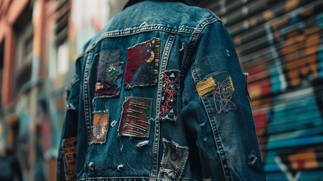 A close-up view of the back of a denim jacket featuring various patches and distressed details