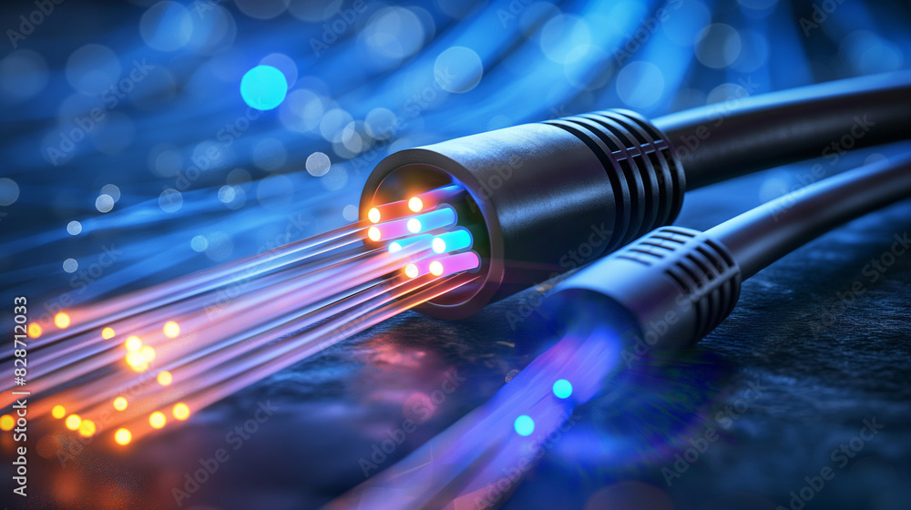 Poster fiber optics network cable. background of blue and green circles with binary code. telecommunication