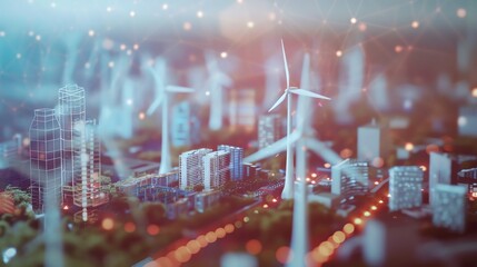 Obraz premium A miniature cityscape with wind turbines, representing sustainable energy and a greener future.