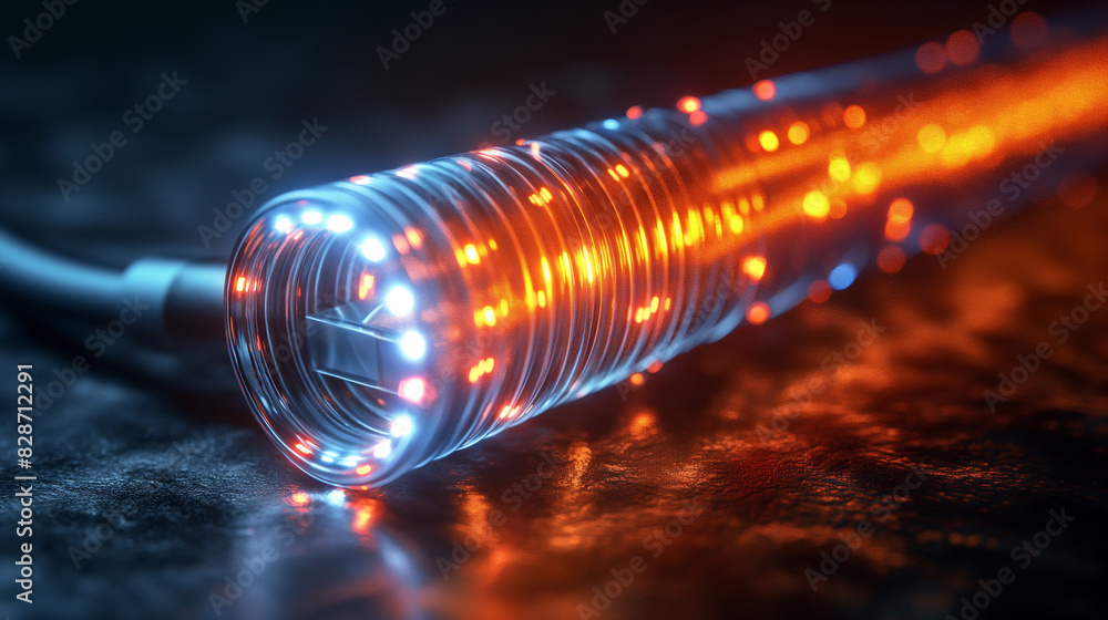 Poster fiber optics network cable. background of blue and green circles with binary code. telecommunication