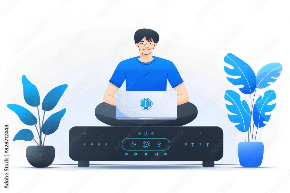Poster technician working on a network router in an office, highlighting the technical expertise required f