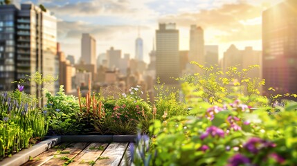 Fototapeta premium A rooftop garden with lush greenery and flowers overlooking a city skyline at sunset.