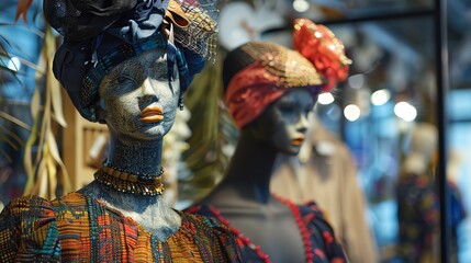 Fototapeta premium A row of mannequins with colorful headwear and clothing, showcasing a variety of fashion styles