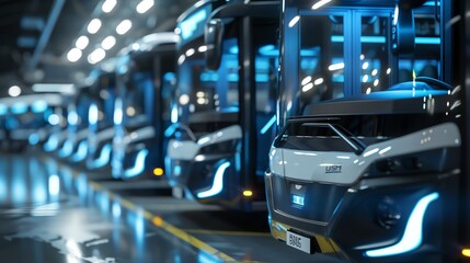 Naklejka premium A row of sleek, modern buses in a factory setting, illuminated by bright lights.