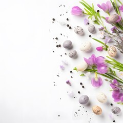 Easter background with colored eggs and flowers on white background. Generative AI.