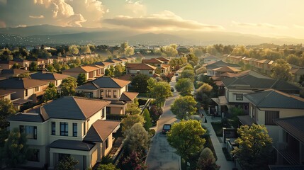 Obraz premium An aerial view of a suburban neighborhood with houses, trees, and a road. The sun is setting in the background, casting a warm glow over the scene.