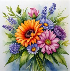 A vibrant bouquet of colorful flowers like chrysanthemums and asters brings a touch of summer beauty watercolor-style Generative AI