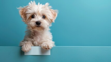 Adorable fluffy puppy with curious eyes peeking over a blue ledge, perfect for adding text or advertisement, against a vibrant blue background, AI-generated