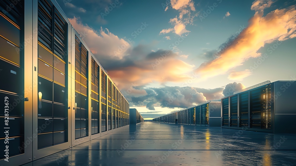Poster rows of servers in a data center with a dramatic sunset sky. the concept of cloud computing and digi