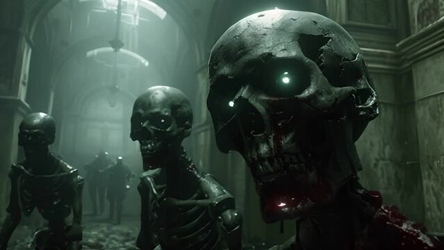 A sci-fi horror scene where skeleton dolls with glowing eyes hold court in a futuristic dungeon blood etched into their frames