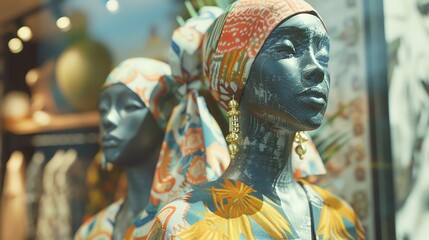 Obraz premium Two mannequins with colorful headscarves and clothing stand in a storefront window.