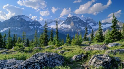 Scenic background of snowy mountains under clear skies with green vegetation below
