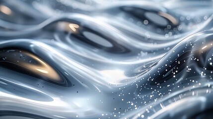 This image features a smooth, flowing texture of a reflective silver liquid with sparkling highlights and ripples
