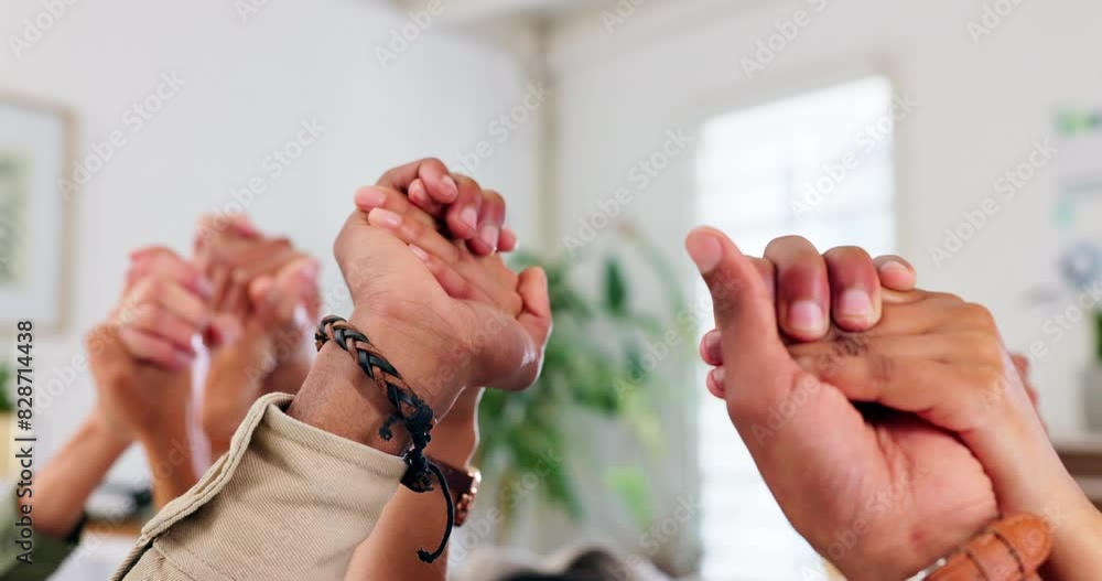 Poster business people, group and holding hands in unity for team building in office with support or solida