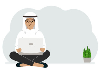 A man sits cross-legged in his hands holding a laptop. The concept of work, education, reading, watching videos. Vector flat illustration
