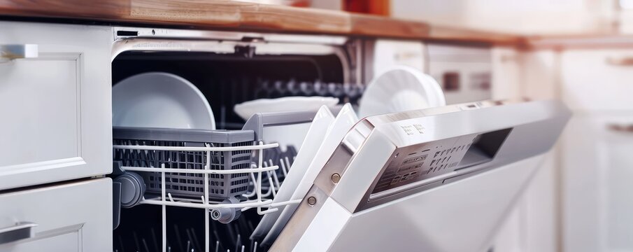  Open dishwasher with clean plates and cutlery neatly arranged inside. The kitchen setting is bright and modern, with light wooden cabinets and a countertop visible in the background.