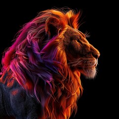 Naklejka premium Vibrant digital artwork of a majestic lion with a fiery mane against a black background, highlighting strength and beauty.